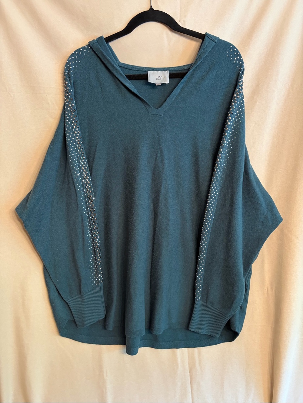 LIV Milano Teal V-Neck Hooded Sweater with Embellished Sleeves